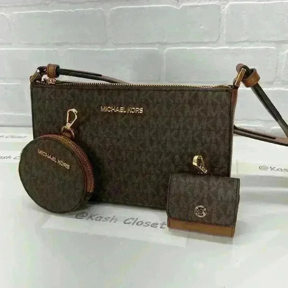 Michael Kors Crossbody Tech Attach Small Jet Set Travel MK Signature Brown - Picture 3 of 12